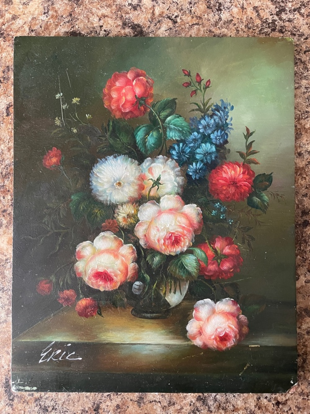 Vintage Floral Bouquet Artwork on Wooden Plaque